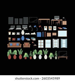 furniture- table -study table books and laptop different illustrations