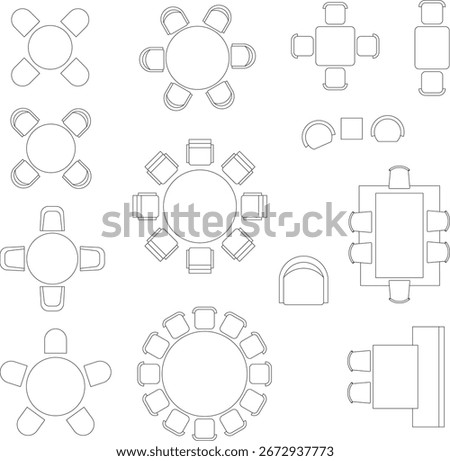Furniture thin line icon in top view for layout. chair and table Floor plan icons set for design interior and architectural project. cad drawing.