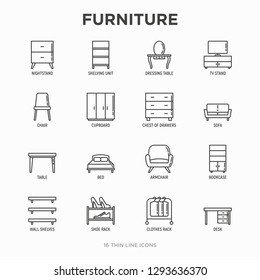 Furniture thin line icons set: dressing table, sofa, armchair, wardrobe, chair, table, bookcase, bad, clothes rack, desk, wall shelves. Elements of interior. Modern vector illustration.