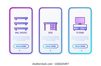 Furniture thin line icons set: wall shelfs, desk, TV stand. Elements of interior. Vector illustration.