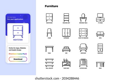 Furniture thin line icons set. Dressing table, sofa, armchair, wardrobe, chair, table, bookcase, bed, clothes rack, desk, wall shelves. Elements of interior. Vector illustration.