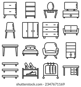 Furniture thin line icons set: dressing table, sofa, armchair, wardrobe, chair, table, bookcase, bad, clothes rack, desk, wall shelves. Elements of interior. Modern vector illustration.