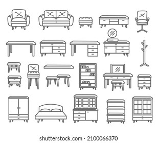 Furniture thin line style vector icon collection, set