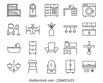 Furniture, thin outline icons set. Collection for mobile apps web or site design. Interior vector illustration
