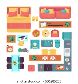Furniture top view set for interior design. Isolated vector illustration