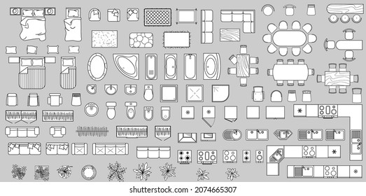 Furniture top view  Set outline  isolated objects for interior  Vector Illustration icon  Furniture   elements for apartments  living room  bedroom  kitchen  bathroom  Floor plan  Furniture store