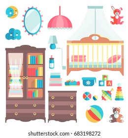 Furniture and toys for baby room. Stylish cute pastel colors. Collection.  Flat style vector illustration. 