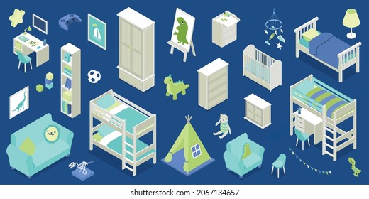 Furniture and toys for boy room interior isometric icons set isolated on blue background 3d vector illustration