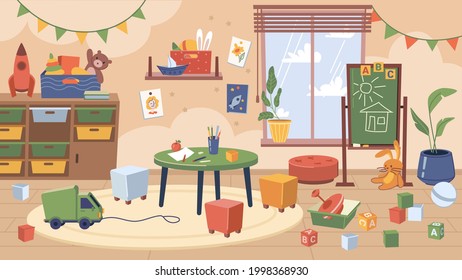 Furniture and toys in kindergarten classroom, interior design of contemporary room for kids. Chalkboard with drawings, car trucks and dolls, cabinets and rugs for playing. Vector cartoon style