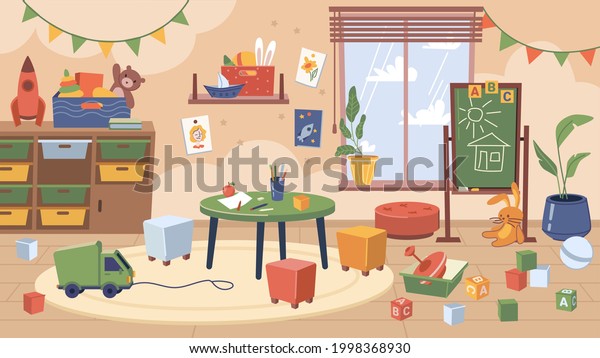 Furniture and toys in kindergarten classroom,\
interior design of contemporary room for kids. Chalkboard with\
drawings, car trucks and dolls, cabinets and rugs for playing.\
Vector cartoon style