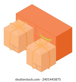 Furniture transportation icon isometric vector. New wood dresser and two parcel. Interior decor, furniture delivery