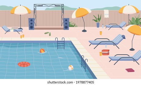 Furniture and umbrellas, inflatable lifebuoy and ball by pool party. Scene by water, luxurious resort or hotel, swimming and sunbathing recreation summer weekends or holidays. Vector in flat cartoon