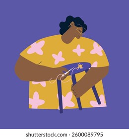 Furniture upcycling and repairability, DIY lessons. Black-skinned woman repairing chair with screwdriver, recycling concept, vector illustration	