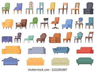 Iconos de tapicería de mobiliario configuran el vector de dibujos animados. Cama de cojín. sofá de almohada