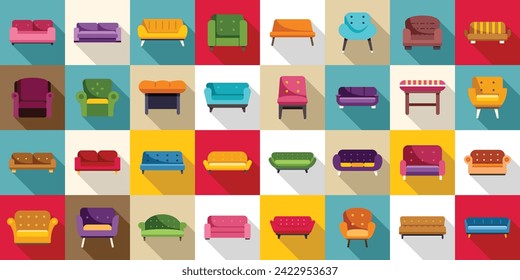 Furniture upholstery icons set flat vector. Cushion office comfort. Lounge living