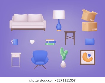 Furniture vector 3d illustration set. Cartoon furnishings design with sofa armchair, lamp, table, house plants. 3D Web Vector Illustrations.