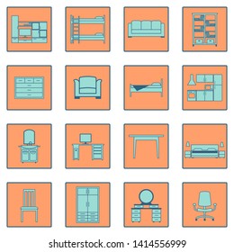 Furniture vector flat icons set in a square frame on color background.