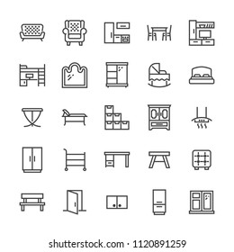 Furniture vector flat line icons. Living room tv stand, bedroom, baby crib, kitchen exhaust hood, sofa, nursery, dining table, door window. Thin signs collection interior store. Pixel perfect 48x48.