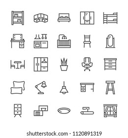 Furniture Vector Flat Line Icons. Living Room, Bedroom, Baby Crib, Kitchen Corner Sofa, Nursery Dining Table, Pillows, Home Lighting, Window. Thin Signs Collection Interior Store. Pixel Perfect 48x48.