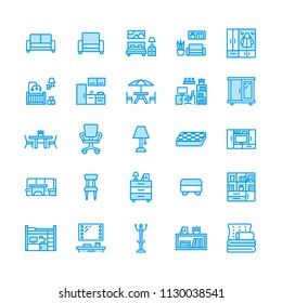 Furniture vector flat line icons. Living room tv stand, bedroom, home office, kitchen corner bench, sofa, nursery, dining table, bedding. Thin signs collection for interior store. Pixel perfect 64x64.