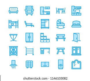 Furniture vector flat line icons. Living room tv stand, bedroom, baby crib, kitchen exhaust hood, sofa, nursery, dining table, door window. Thin signs collection interior store. Pixel perfect 48x48.