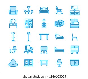 Furniture vector flat line icons. Living room tv stand, bedroom, home lighting, rocking chair, sofa, bedding, dining table, bed,bookcase. Thin signs collection interior store. Pixel perfect 48x48
