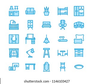 Furniture vector flat line icons. Living room, bedroom, baby crib, kitchen corner sofa, nursery dining table, pillows, home lighting, window. Thin signs collection interior store. Pixel perfect 48x48.