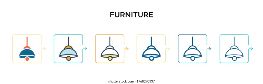 Icono vectorial del mobiliario en 6 estilos modernos diferentes. Iconos de mobiliario negros, de dos colores, diseñados con un estilo relleno, contorno, línea y trazo. La ilustración vectorial se puede usar para web, móvil, ui