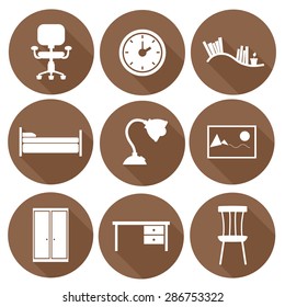 Furniture vector icon set, flat design with long shadows