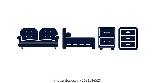 Furniture vector icons collection including interior items, modern home decor, tables, chairs, lamps, sofas and cabinets for infographic, UI, and room design projects