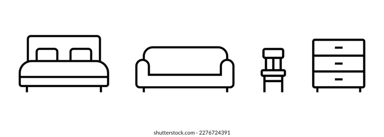Furniture vector icons set. Interior symbol. Bed, sofa, closet, seat linear logo for website and mobile apps