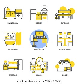 Furniture Vector Icons Set: Living Room, Kitchen, Outdoor, Bathroom, Home Office, Dining Room, Bedroom, Decor, House. Modern Line Style