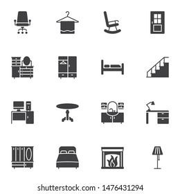 Furniture vector icons set, modern solid symbol collection filled style pictogram pack. Signs, logo illustration. Set includes icons as bed, table, fireplace, desk, lamp, chair, door, chest of drawers