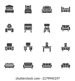 Furniture vector icons set, modern solid symbol collection, filled style pictogram pack. Signs, logo illustration. Set includes icons as bedroom bed, sofa, chair, armchair, desk, tv stand, couch