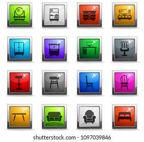 furniture vector icons in square colored buttons for web and user interface design