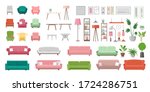 Furniture vector illustration set. Cartoon flat furnishings design with sofa armchair, lamp, table, house plants. Designer trendy items for home apartment or office interior decor isolated on white