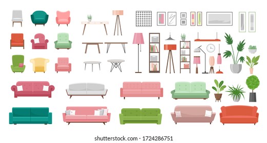 Furniture Vector Illustration Set. Cartoon Flat Furnishings Design With Sofa Armchair, Lamp, Table, House Plants. Designer Trendy Items For Home Apartment Or Office Interior Decor Isolated On White