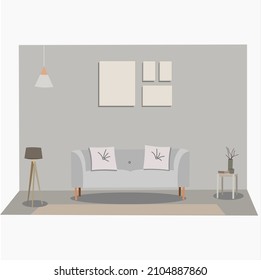 Furniture vector illustration set. Cartoon flat furnishings design with sofa armchair, lamp, table, house plants. Designer trendy items for home apartment or office interior decor isolated on white