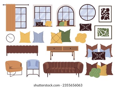 Furniture vector illustration set. Cartoon flat furnishings design with sofa armchair, windows, table, pillows. Designer trendy items for home apartment or office interior decor isolated on white