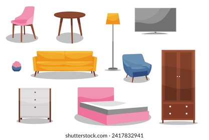 Furniture vector illustration set. Designer items for home apartment or office interior decor isolated on white.