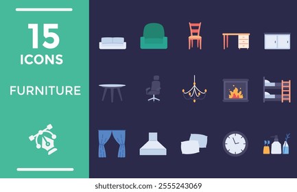 Furniture vector illustration set. Flat Style furnishings design with sofa armchair, lamp, table, house plants. Designer trendy items for home apartment or office interior decor isolated on white