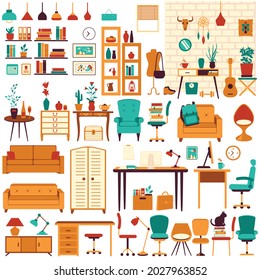 Furniture vector illustration set, home apartment or office interior