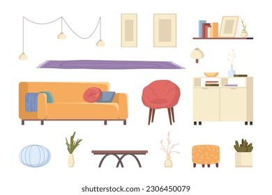 Furniture vector illustration set. Trendy items for home apartment or office interior decor isolated on white. Furnishings design with sofa armchair, lamp and table, house plants vector illustration