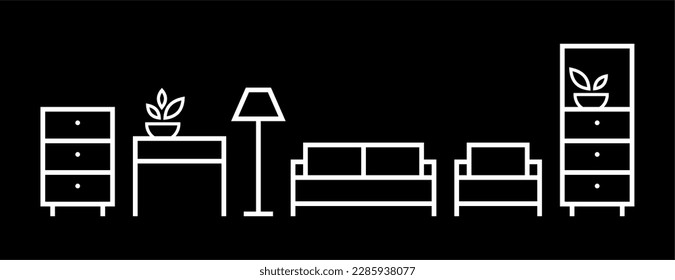 Furniture in vector isolated. Furniture icons. Interior of the room. Continuous line interior with sofa, armchair, lamp, table, wardrobe and bedside table. Contour furniture.  Living room with modern