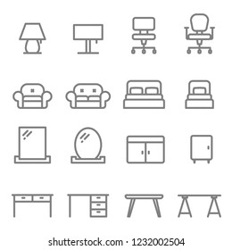Furniture vector line icon set. Including sofa, bed, lamp, chair, mirror, table, desk