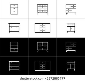 Conjunto de iconos lineales vectoriales de mobiliario. Vestidores. Blanco y negro.