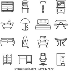 Furniture vector lines icon set. Contains such Icons as chair, cabinet, table and more. Editable Stroke