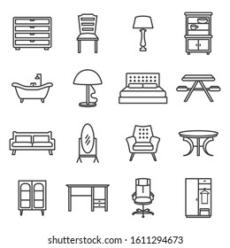 Furniture vector lines icon set. Contains such Icons as chair, cabinet, table and more. Editable Stroke