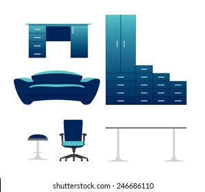 Furniture vector set with cupboard, stool, couch, table and chair, blue