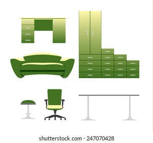 Furniture vector set with cupboard, stool, couch, table and chair, green